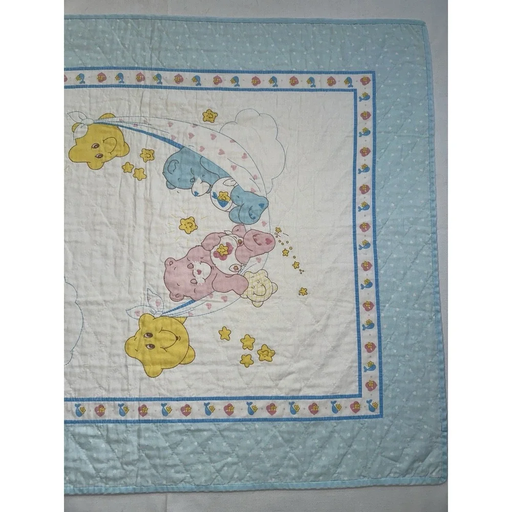 Vtg Care Bears Baby Crib Quilt Handmade 32x43 Nursery Blanket Stars Blue Edge